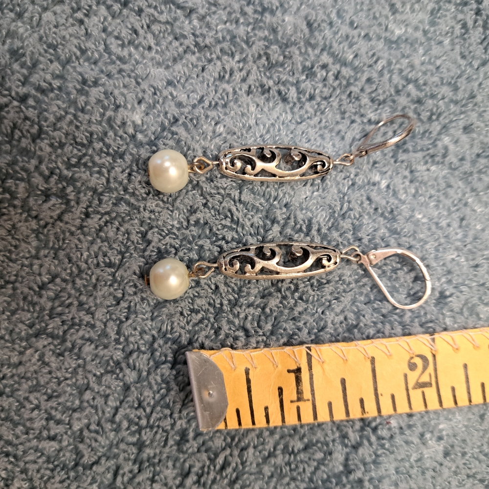 Intricate Vintage Silver and Pearl Dangle Earrings